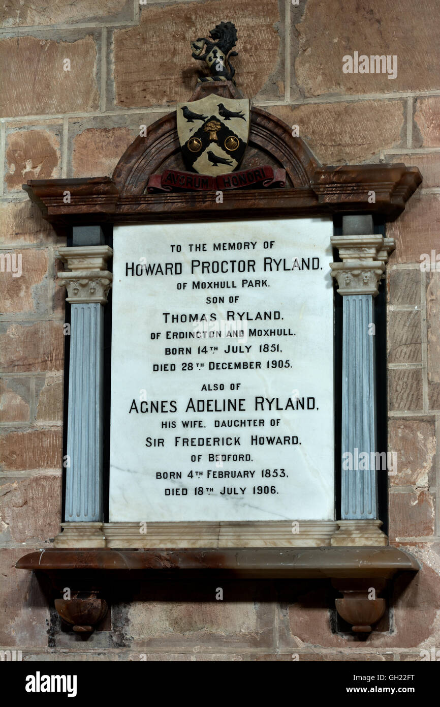 Memorial plaque in St. Chad`s Church, Wishaw, Warwickshire, England, UK